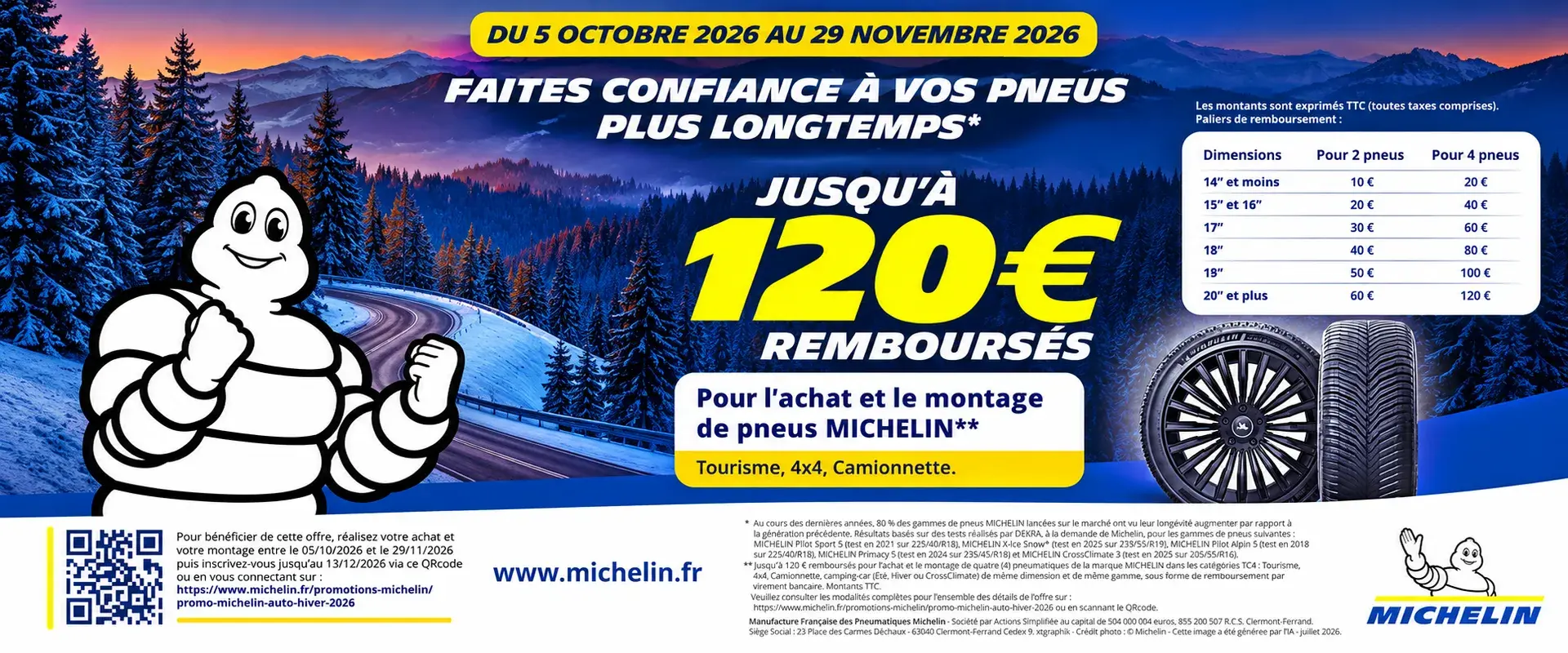 Jusqu'à 120€ pour l'achat et le montage de pneus MICHELIN